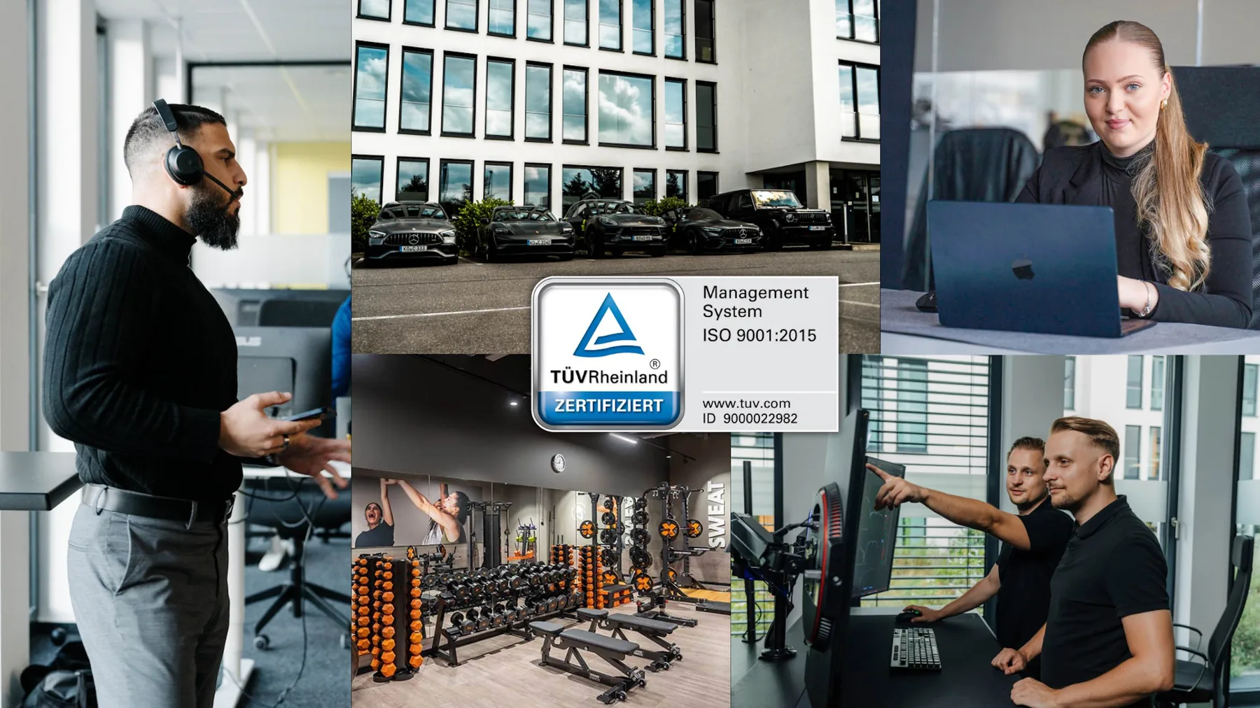 Collage aus Arbeitsalltag, Standort, TÜV-Zertifikat und Fitnessangebot bei Haag & Sondershausen